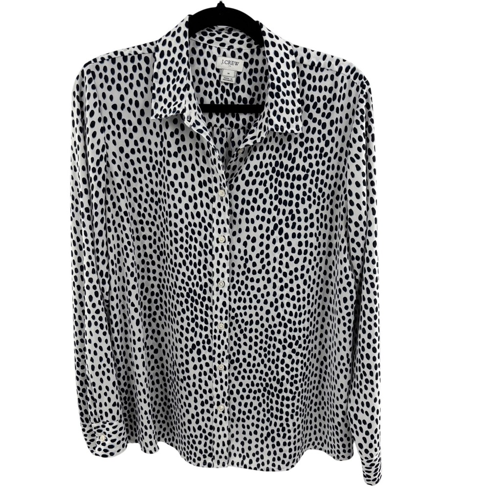 J.Crew Dalmatian Polka Dot Button Down Blouse Black White Long Sleeve Womens M